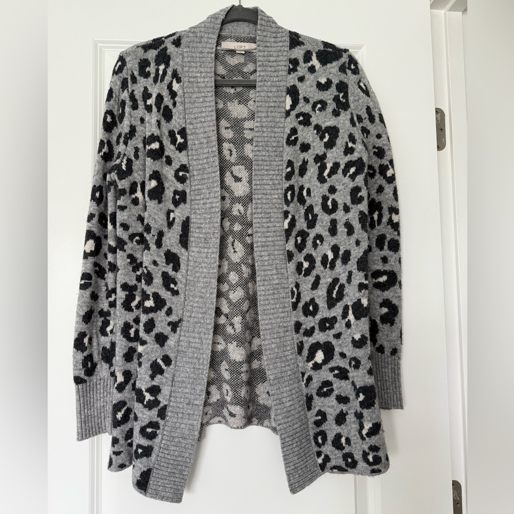LOFT Gray and Black Animal Print Cardigan